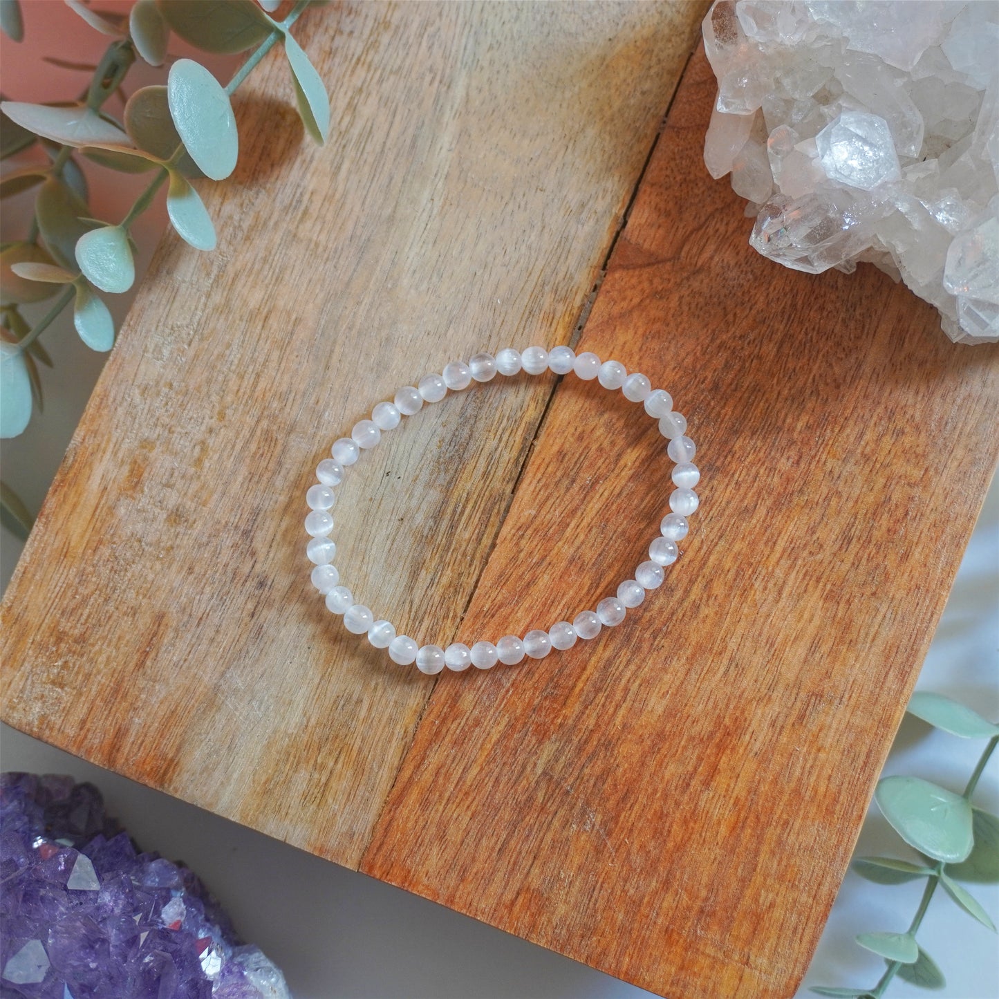 Pulsera Selenita | Bolas 4mm | Limpieza energética y atmósfera pacífica